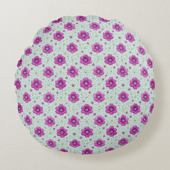 Pink Flowers Pattern With Droplets Round Cushion (Front)