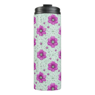 Pink Flowers Pattern With Droplets Thermal Tumbler
