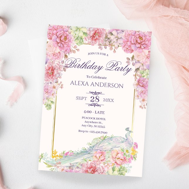 Pink Flowers Peacock Birthday Invitation (Creator Uploaded)