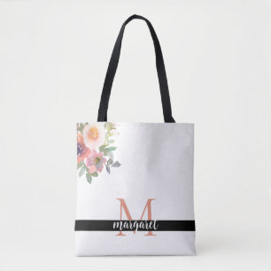 Pink Flowers Personalised Monogram Modern Elegant  Tote Bag