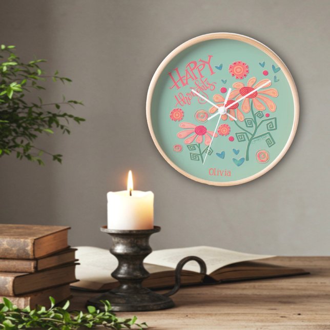 Pink Flowers Personalised Name Inspirivity Clock (Creator Uploaded)