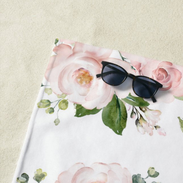 Pink Flowers, Pink Roses, Watercolor Flowers Beach Towel (In Situ)