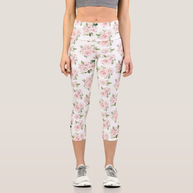 Pink Flowers, Pink Roses, Watercolor Flowers Capri Leggings (Front)