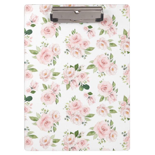 Pink Flowers, Pink Roses, Watercolor Flowers Clipboard (Front)