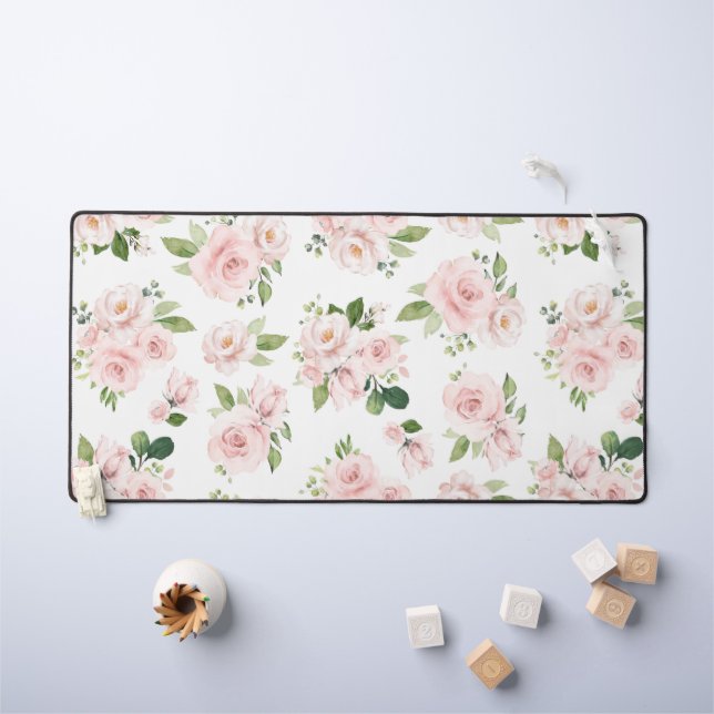 Pink Flowers, Pink Roses, Watercolor Flowers Desk Mat (Kids Table)