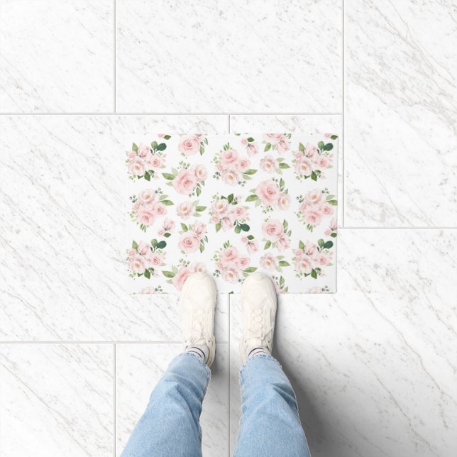 Pink Flowers, Pink Roses, Watercolor Flowers Doormat (Indoor)