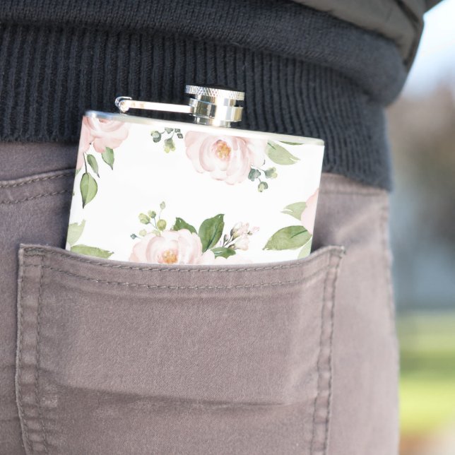 Pink Flowers, Pink Roses, Watercolor Flowers Hip Flask (In Situ)