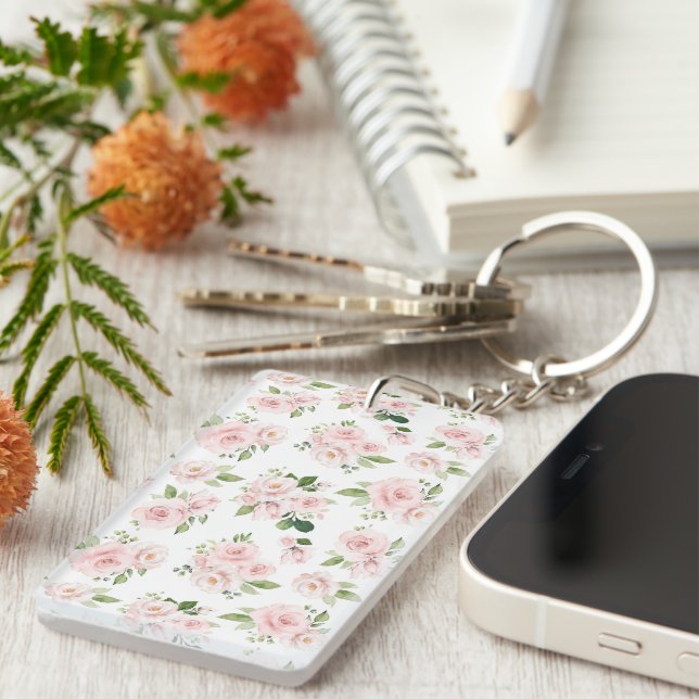 Pink Flowers, Pink Roses, Watercolor Flowers Key Ring (Front Right)