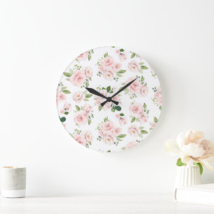 Pink Flowers, Pink Roses, Watercolor Flowers Large Clock