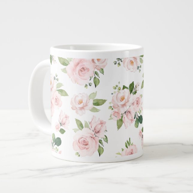 Pink Flowers, Pink Roses, Watercolor Flowers Large Coffee Mug (Front Left)