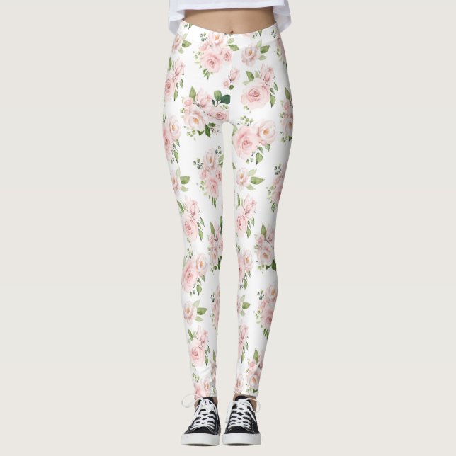 Pink Flowers, Pink Roses, Watercolor Flowers Leggings (Front)