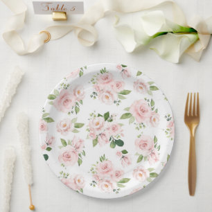 Pink Flowers, Pink Roses, Watercolor Flowers Paper Plate