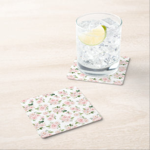 Pink Flowers, Pink Roses, Watercolor Flowers Square Paper Coaster