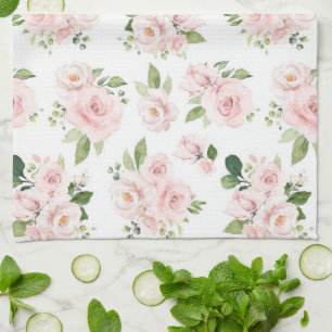Pink Flowers, Pink Roses, Watercolor Flowers Tea Towel
