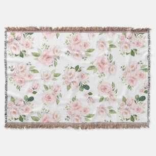 Pink Flowers, Pink Roses, Watercolor Flowers Throw Blanket
