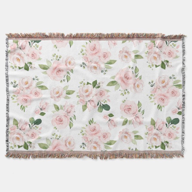 Pink Flowers, Pink Roses, Watercolor Flowers Throw Blanket (Front)