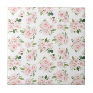 Pink Flowers, Pink Roses, Watercolor Flowers Tile