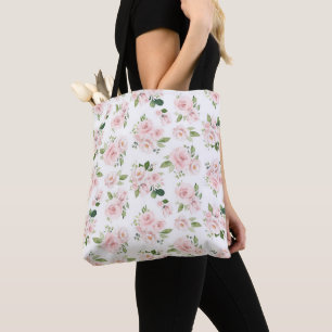 Pink Flowers, Pink Roses, Watercolor Flowers Tote Bag