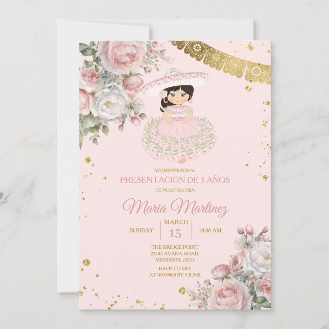 Pink Flowers Presentación De Tres Años Cute Girl Invitation (Front)