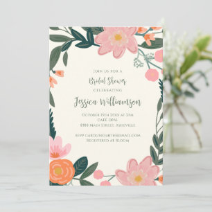 Pink Flowers Pretty Botanical Border Bridal Shower Invitation