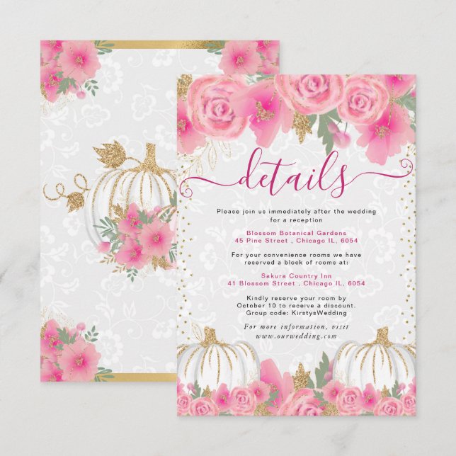 Pink Flowers Pumpkin Wedding Details Enclosure Card (Front/Back)