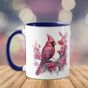 Pink Flowers Red Cardinal Blue Monogram Mug
