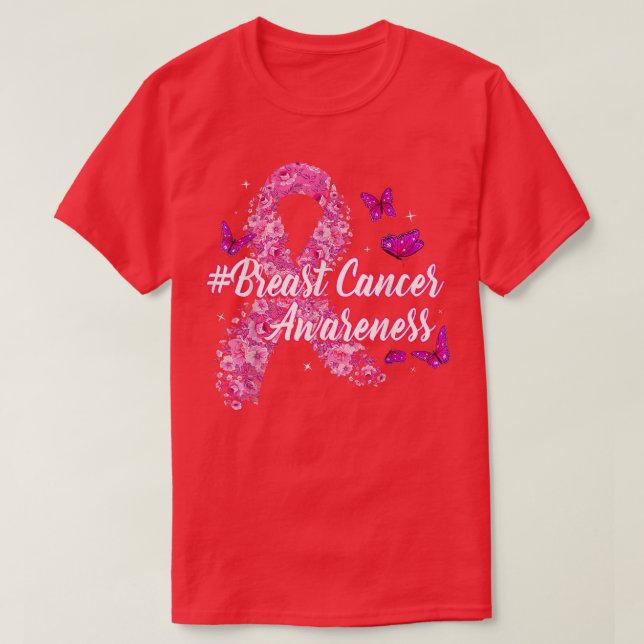 Pink Flowers Ribbon Breast Cancer Awareness  T-Shirt (Design Front)