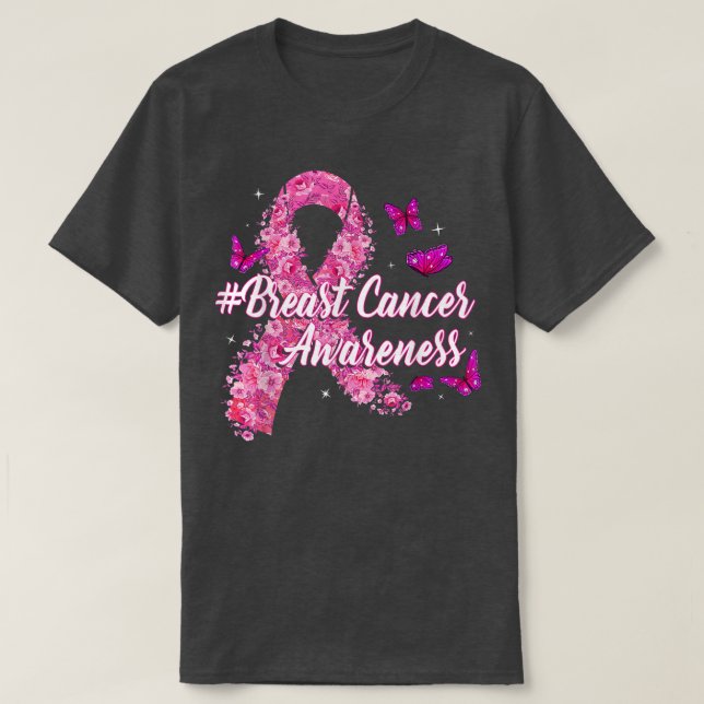 Pink Flowers Ribbon Breast Cancer Awareness  T-Shirt (Design Front)