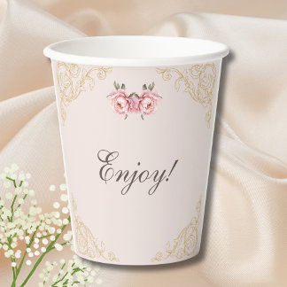 Pink Flowers Rococo Peony Baby Shower Paper Cups