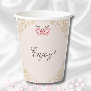 Pink Flowers Rococo Peony Bridal Shower Paper Cups