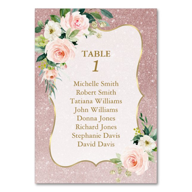 Pink Flowers Rose Gold Baptism Seating Chart   Table Number (Front)