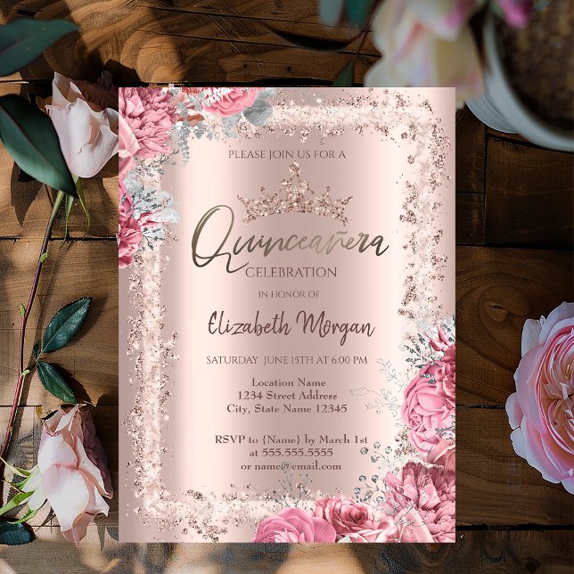 Pink Flowers Rose Gold Glitter Frame Crown  Invitation (Creator Uploaded)