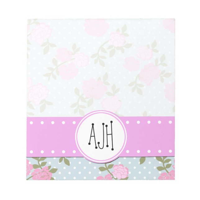 Pink Flowers, Roses, Watercolor Flowers, Monogram Notepad (Front)