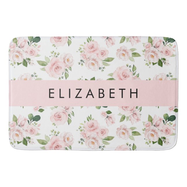 Pink Flowers, Roses, Watercolor Flowers, Your Name Bath Mat (Front)