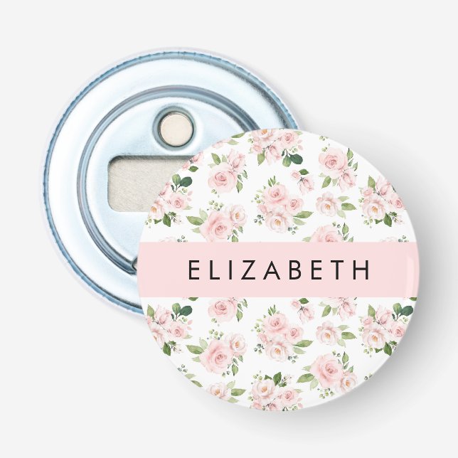 Pink Flowers, Roses, Watercolor Flowers, Your Name Bottle Opener (Front)