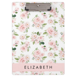 Pink Flowers, Roses, Watercolor Flowers, Your Name Clipboard