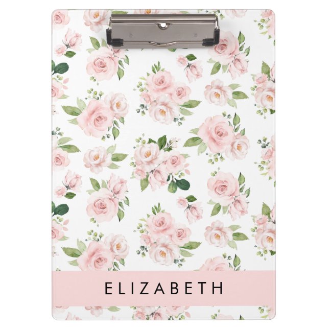 Pink Flowers, Roses, Watercolor Flowers, Your Name Clipboard (Front)