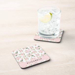 Pink Flowers, Roses, Watercolor Flowers, Your Name Coaster