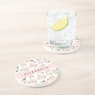 Pink Flowers, Roses, Watercolor Flowers, Your Name Coaster