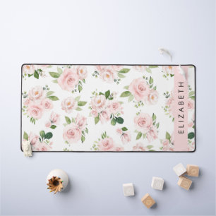 Pink Flowers, Roses, Watercolor Flowers, Your Name Desk Mat