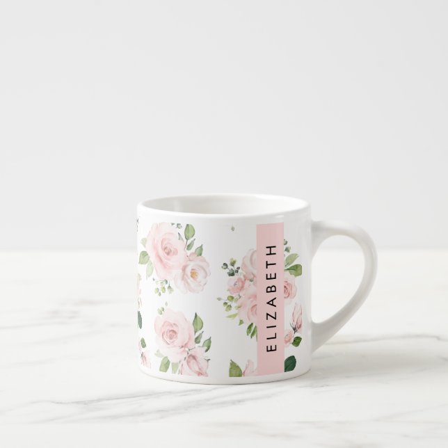 Pink Flowers, Roses, Watercolor Flowers, Your Name Espresso Cup (Right)