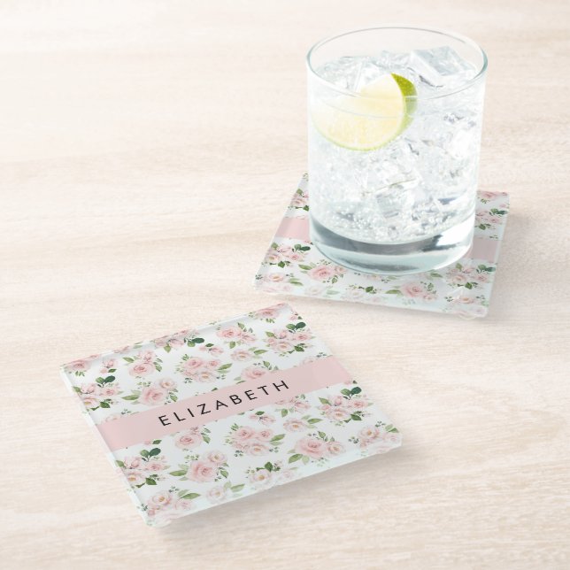 Pink Flowers, Roses, Watercolor Flowers, Your Name Glass Coaster (Angled)