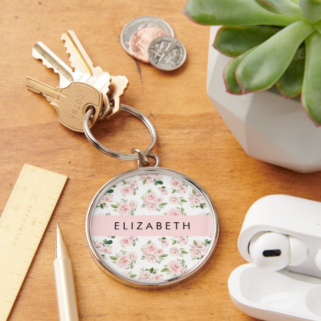 Pink Flowers, Roses, Watercolor Flowers, Your Name Key Ring (Desk)
