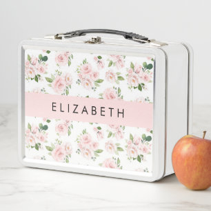 Pink Flowers, Roses, Watercolor Flowers, Your Name Metal Lunch Box