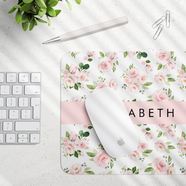 Pink Flowers, Roses, Watercolor Flowers, Your Name Mouse Pad (Creator Uploaded)