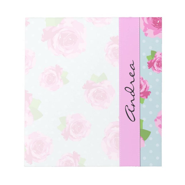 Pink Flowers, Roses, Watercolor Flowers, Your Name Notepad (Front)