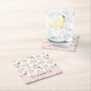 Pink Flowers, Roses, Watercolor Flowers, Your Name Square Paper Coaster