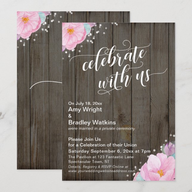 Pink Flowers Rustic Celebrate with Us Reception Invitation (Front/Back)