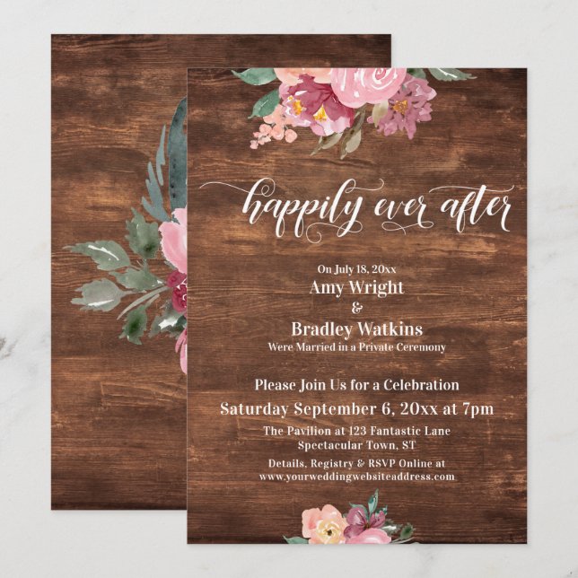 Pink Flowers Rustic Happily Ever After Reception Invitation (Front/Back)