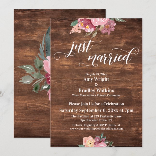 Pink Flowers Rustic Just Married Reception-Only Invitation (Front/Back)